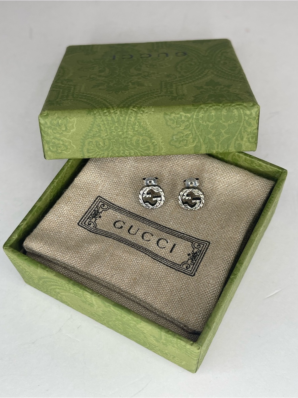 Gucci Interlocking G Silver Stud Earrings With Box and Dust Bag